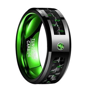 M2. Black Green Tungsten Ring Carbon Fiber Inlay 8mm Band Green CZ Inlay Size 7